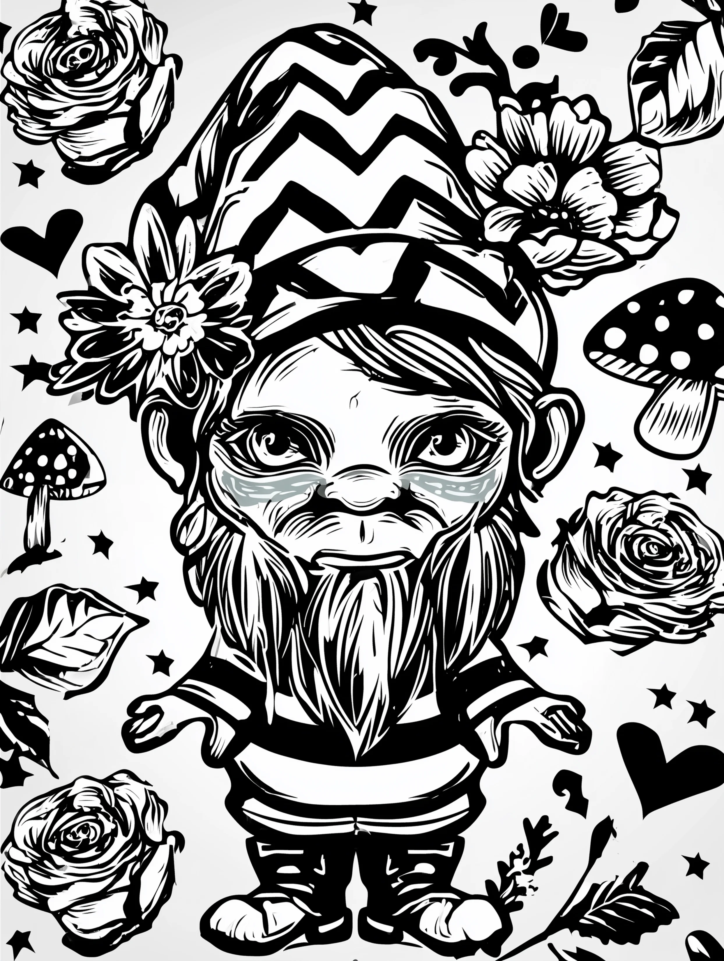 Free printable gnome coloring page for adults featuring a grouchy gnome with a beard